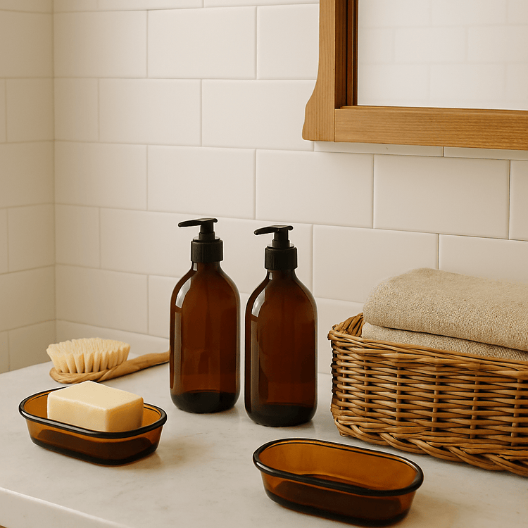 Bathroom Storage & Ritual Keepers in Wicker & Amber Glass - The Timeless Trading Co.