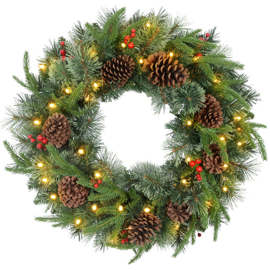 60-inch green winter wreath with lifelike flame-retardant branches, pinecones, red berries, and warm white LED lights — festive, rustic, and ready to hang.