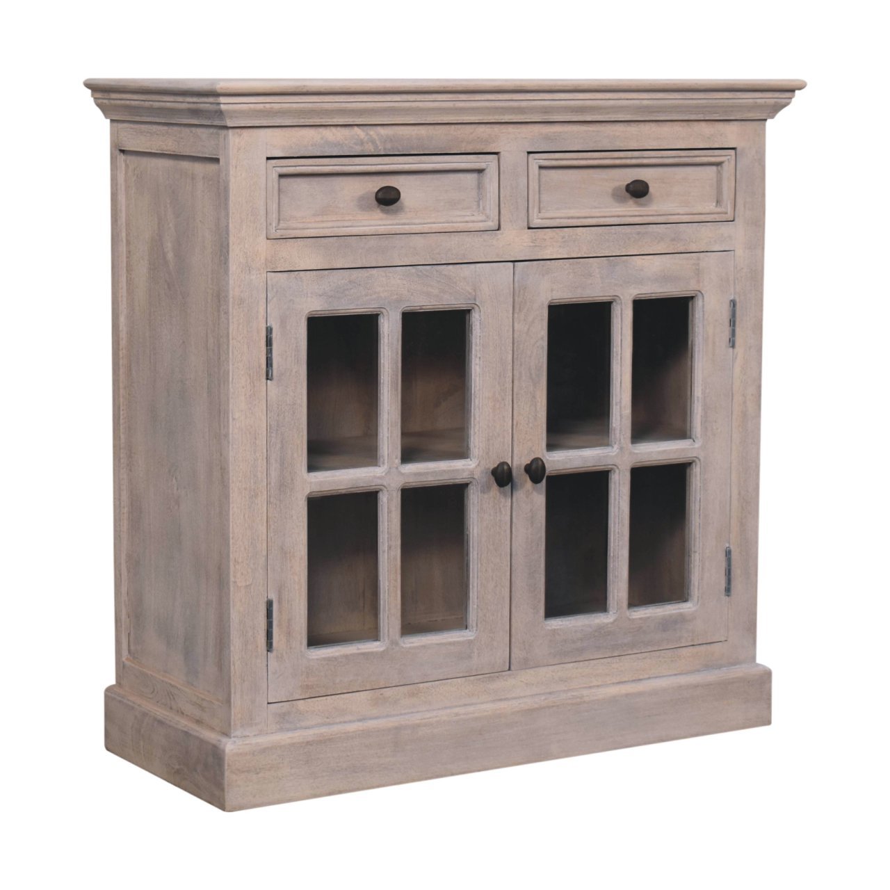 Alternate side view of The Alnwick Glazier’s Cabinet — highlighting stone finish woodwork, glazed door depth, and elegant silhouette for timeless interior styling and soulful storage.