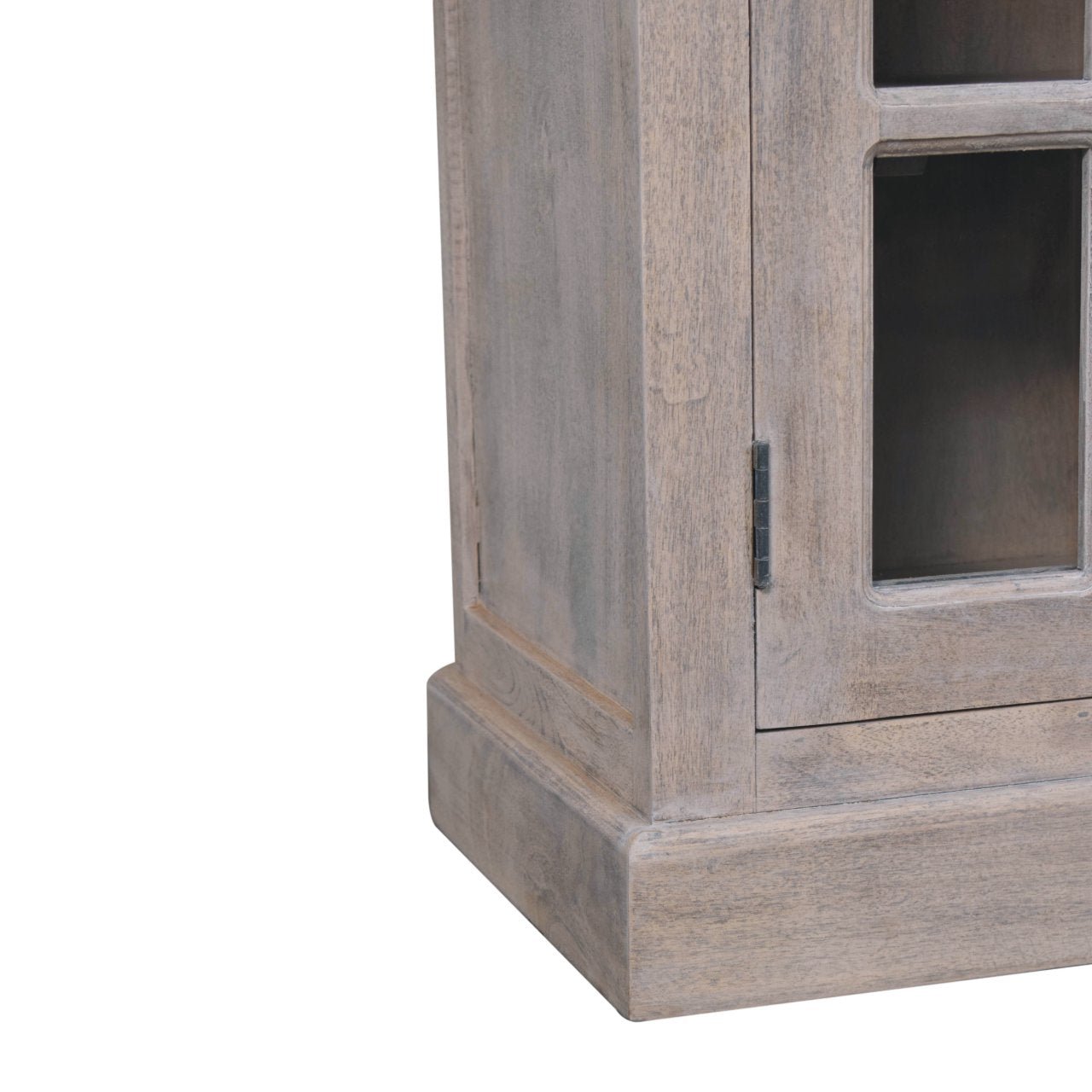 Bottom close-up of The Alnwick Glazier’s Cabinet — highlighting stone finish wood grain, lower cupboard detailing, and base craftsmanship for timeless interior styling.