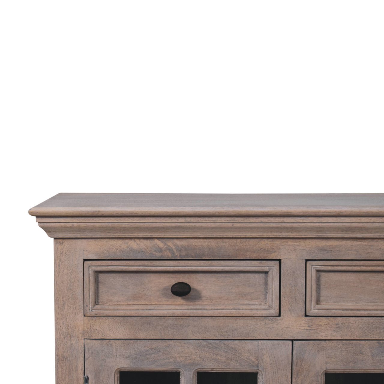 Drawer view of The Alnwick Glazier’s Cabinet — showcasing stone finish wood texture, metal handles, and spacious compartments for soulful storage and timeless interior organisation.