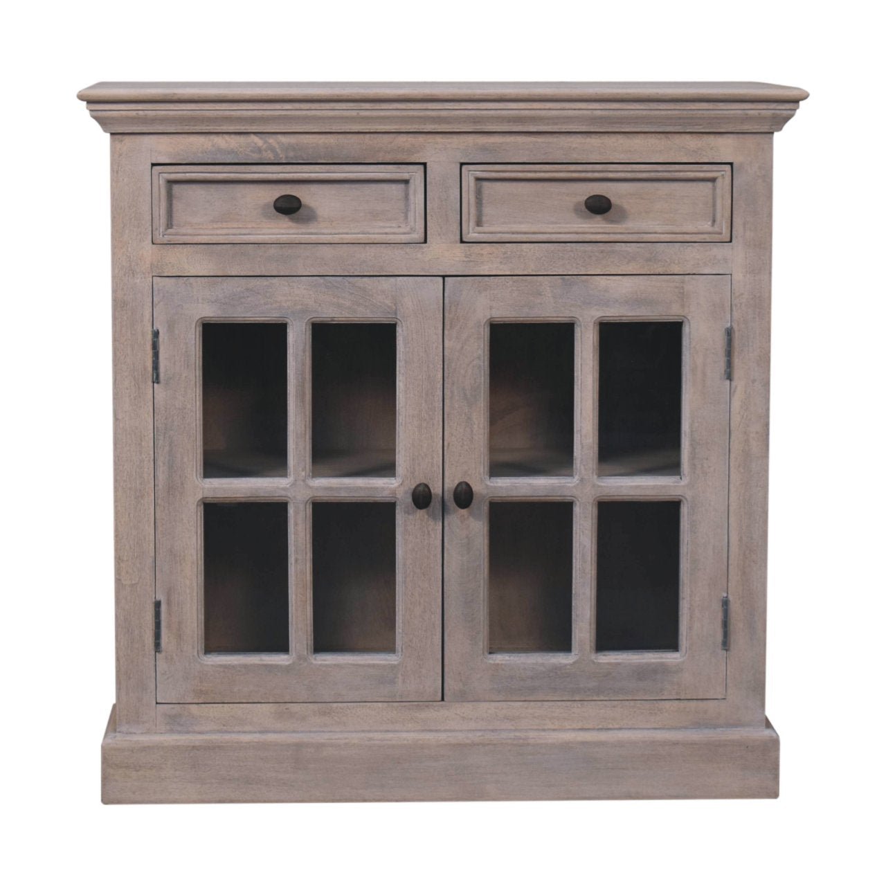 Front view of The Alnwick Glazier’s Cabinet — showcasing stone finish woodwork, glazed upper doors, brass hardware, and lower drawers for timeless interior storage and display.