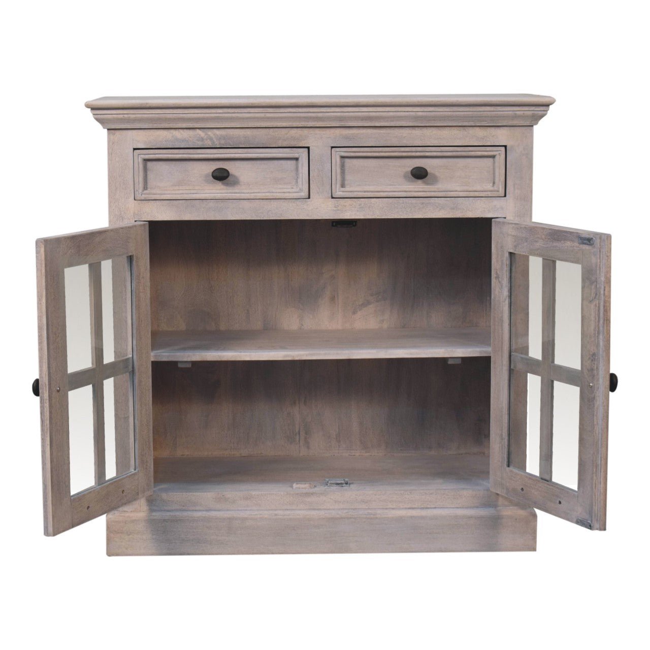 Interior view of The Alnwick Glazier’s Cabinet — showing glazed upper compartments, adjustable shelving, and lower cupboard space in stone finish wood for timeless display and soulful storage.