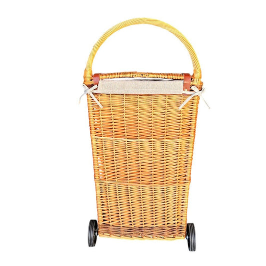 Rear view of The Malbury Market Trolley — showcasing full buff willow weave, upright silhouette, and metal wheel frame for timeless market errands and rustic storage.