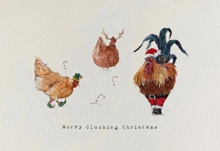 Illustration of a rooster, chicken, and deer with festive attire on a light background.