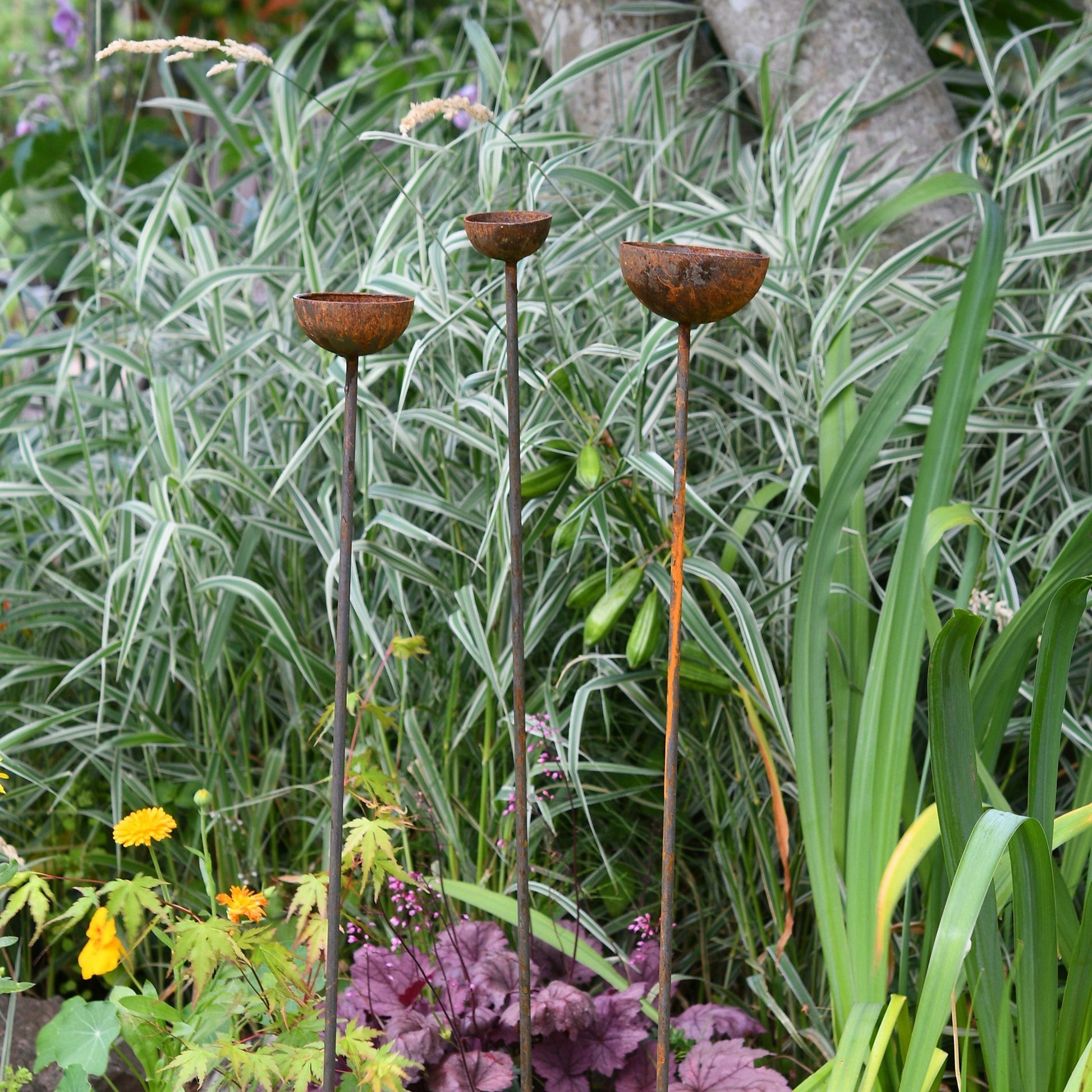 Three rustic metal garden stakes with shallow bowl tops, styled as birdbaths and plant supports, standing in a grassy lawn with soft floral surroundings.