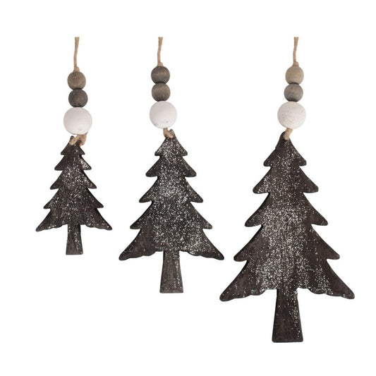 Sherwood Pines Tree Charms – set of three handwoven wicker Christmas tree decorations with glitter finish.