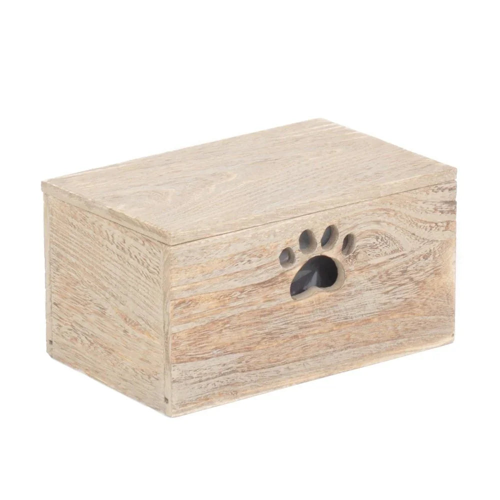 wooden pet treat storage box with paw print cutout detail