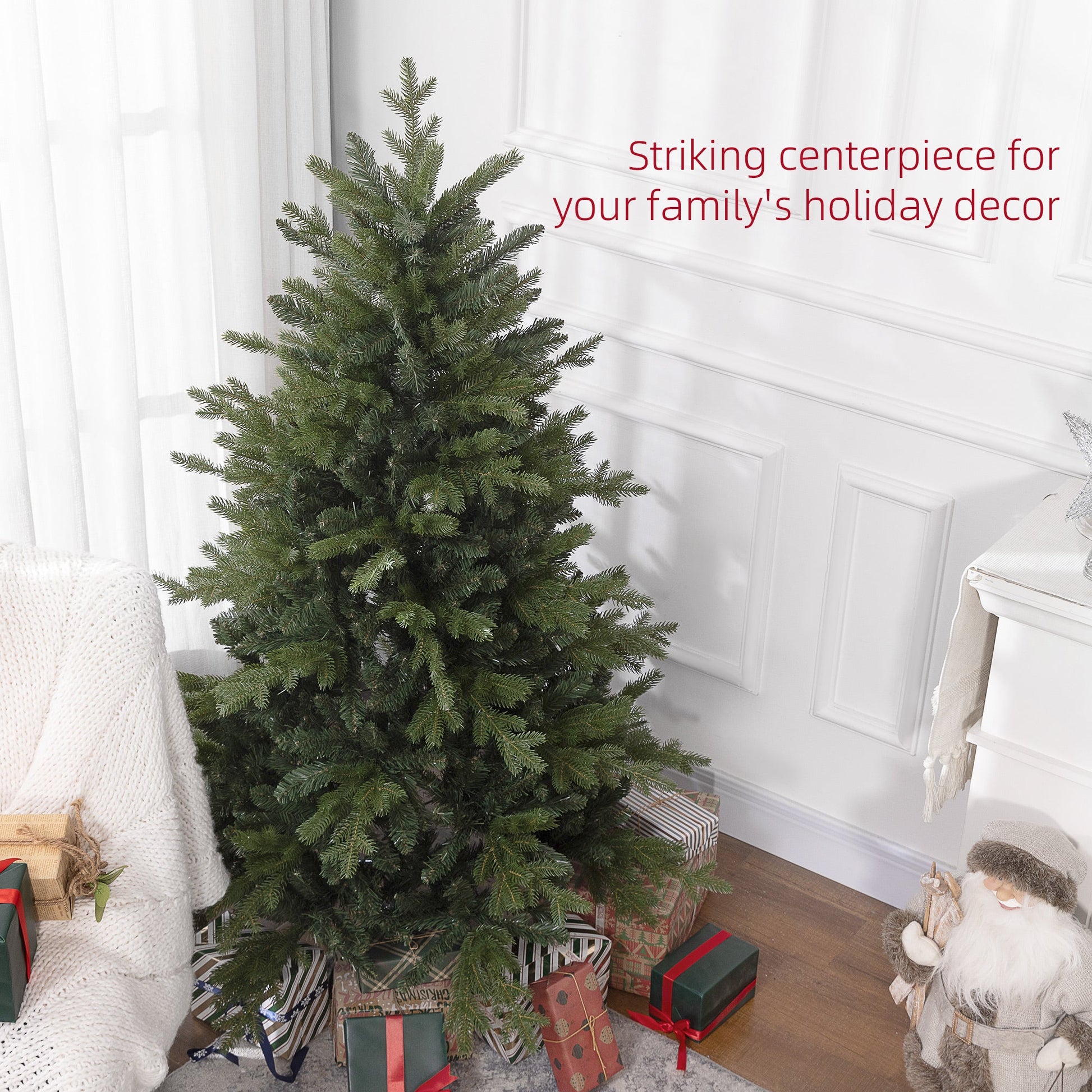 5ft artificial Christmas tree styled in a festive room corner with bushy bare branches, rich green tones, and wrapped gifts. Countryside-inspired seasonal charm.