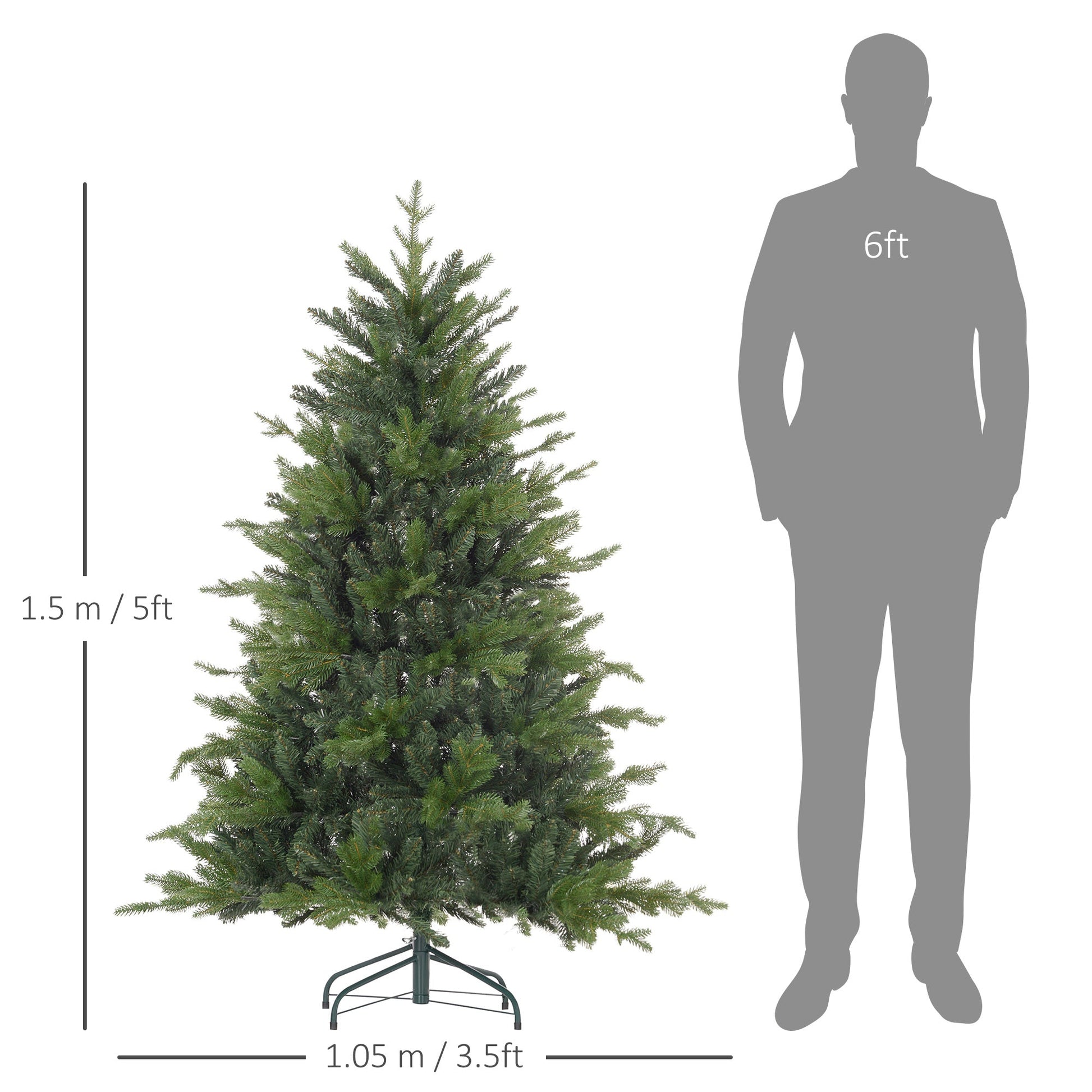 5ft artificial Christmas tree with bushy bare styling shown with overlaid dimensions. 150cm height and 105cm width. Full silhouette with rustic charm.