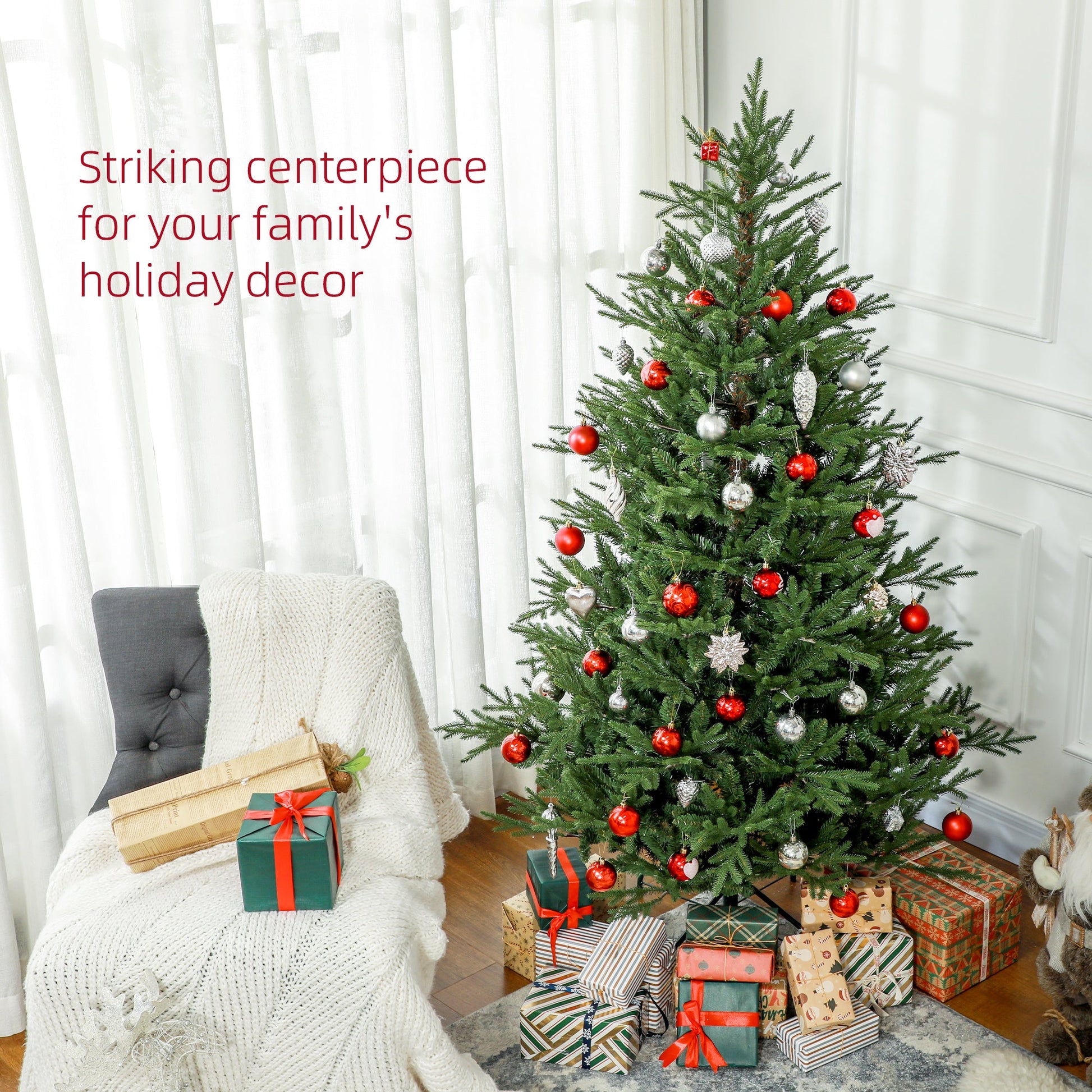 6ft artificial Christmas tree styled as a festive room corner centerpiece with bushy bare branches, surrounded by wrapped gifts. Rustic and soulful holiday scene.