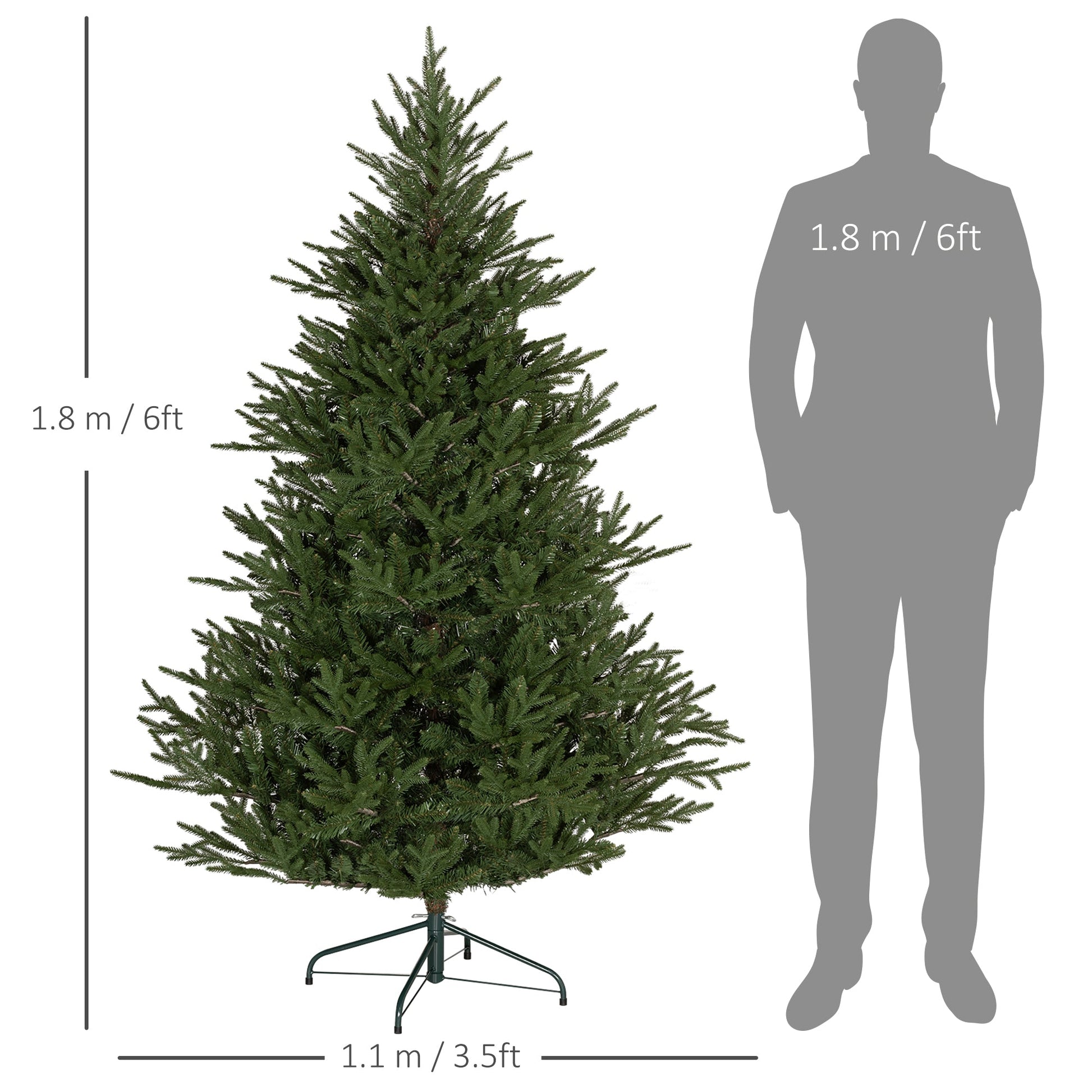 6ft artificial Christmas tree with bushy bare styling shown with overlaid dimensions. 180cm height and 110cm width. Full silhouette with rustic charm.