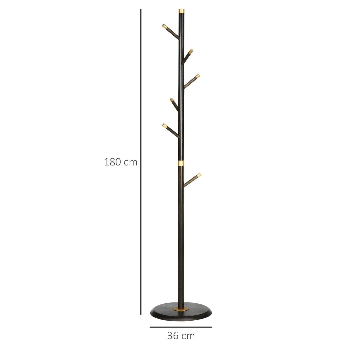 Ashcroft Hall coat stand with walnut bamboo frame and 6 hooks shown on white background with full dimensions in cm