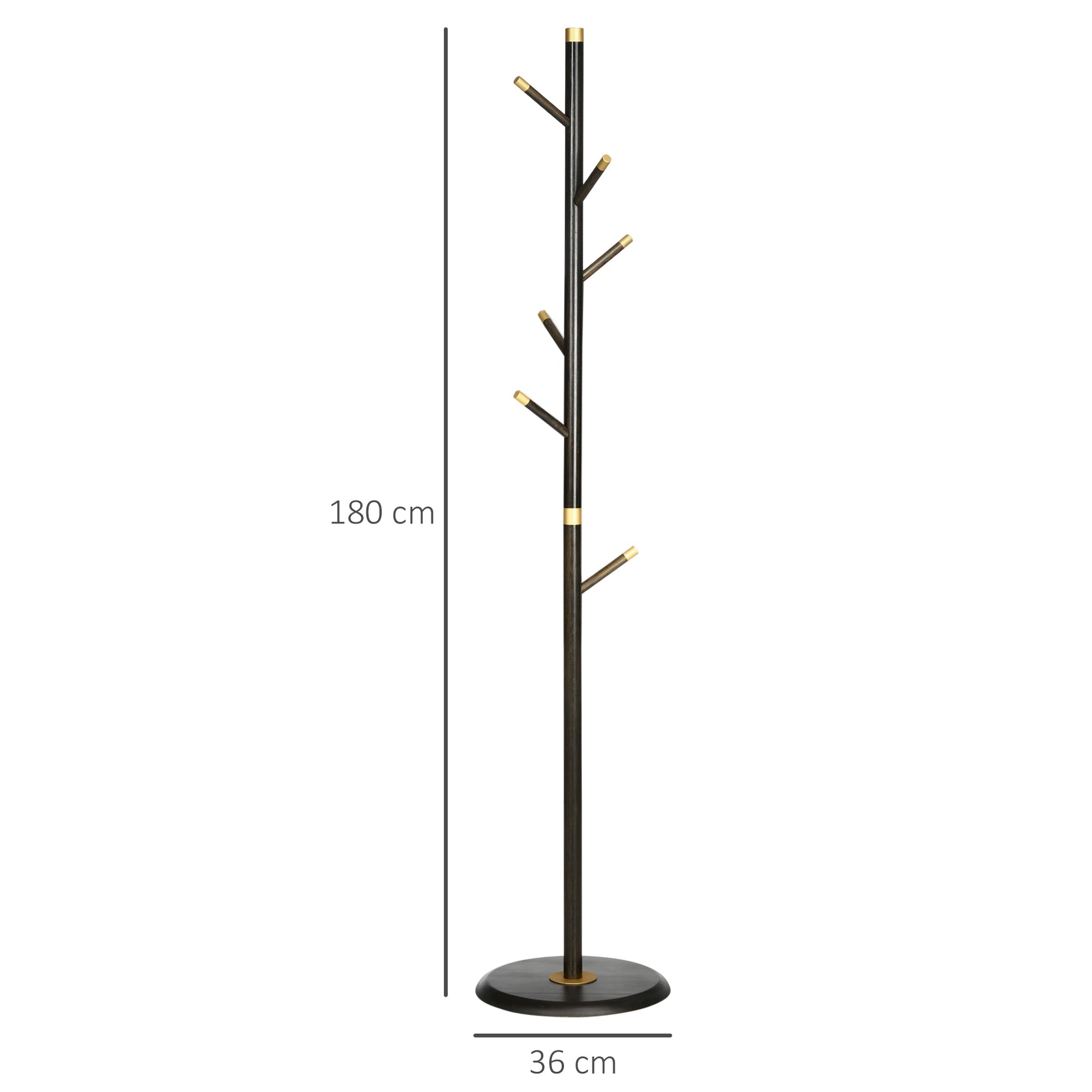 Ashcroft Hall coat stand with walnut bamboo frame and 6 hooks shown on white background with full dimensions in cm