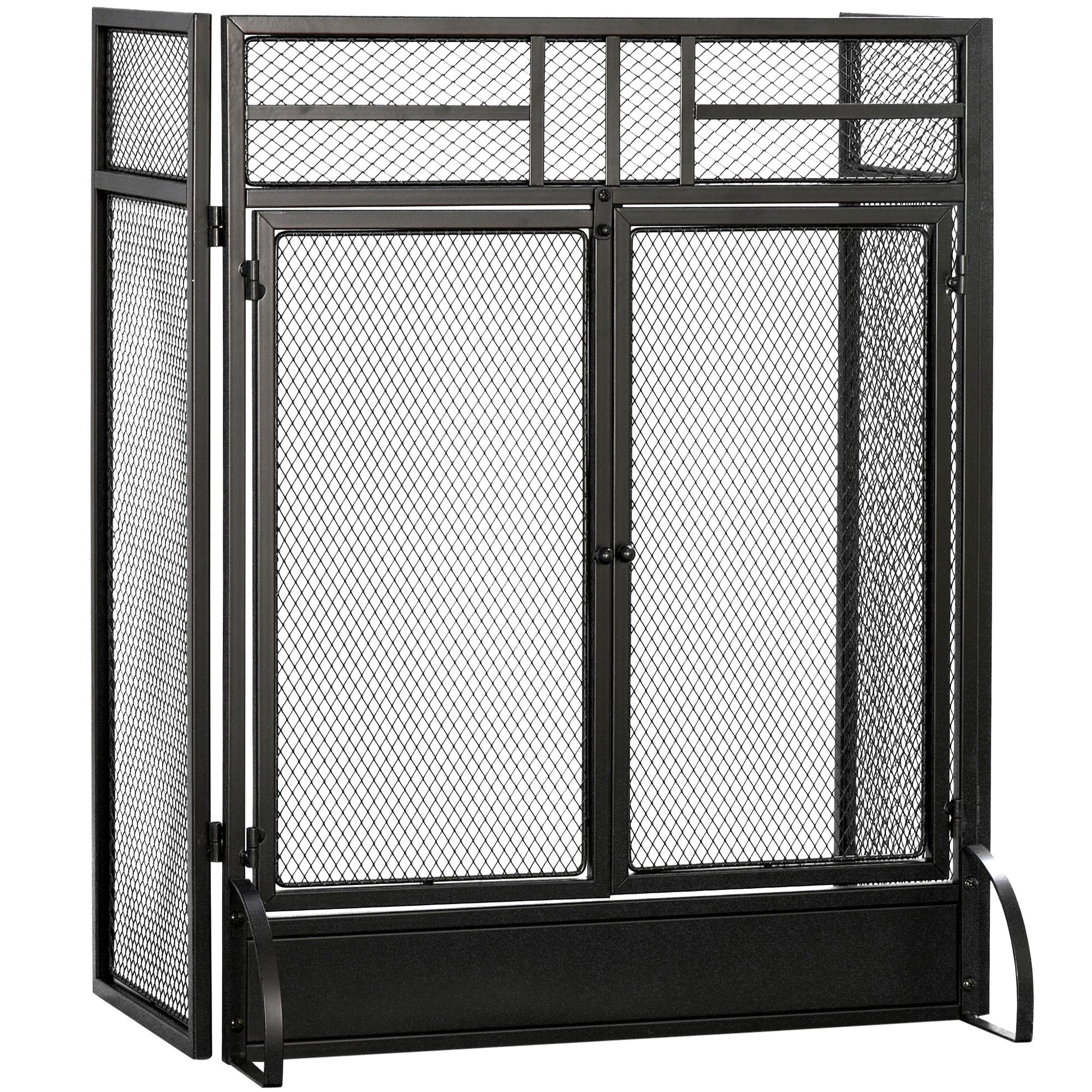 Ashfen Fender fireguard in matte black mesh steel with double opening doors; low-profile design shown on blank white background for hearthside protection.