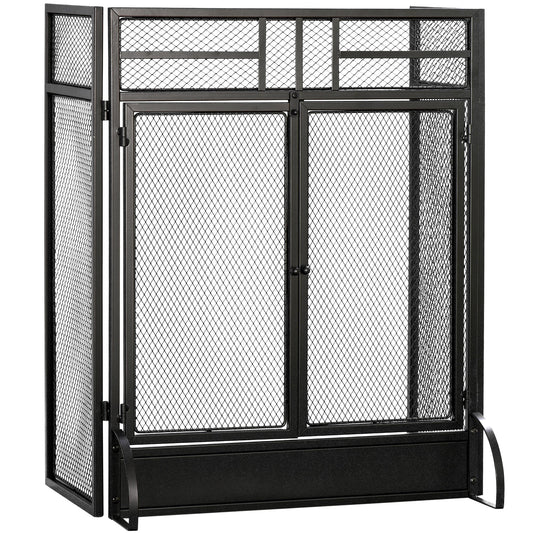 Ashfen Fender fireguard in matte black mesh steel with double opening doors; low-profile design shown on blank white background for hearthside protection.