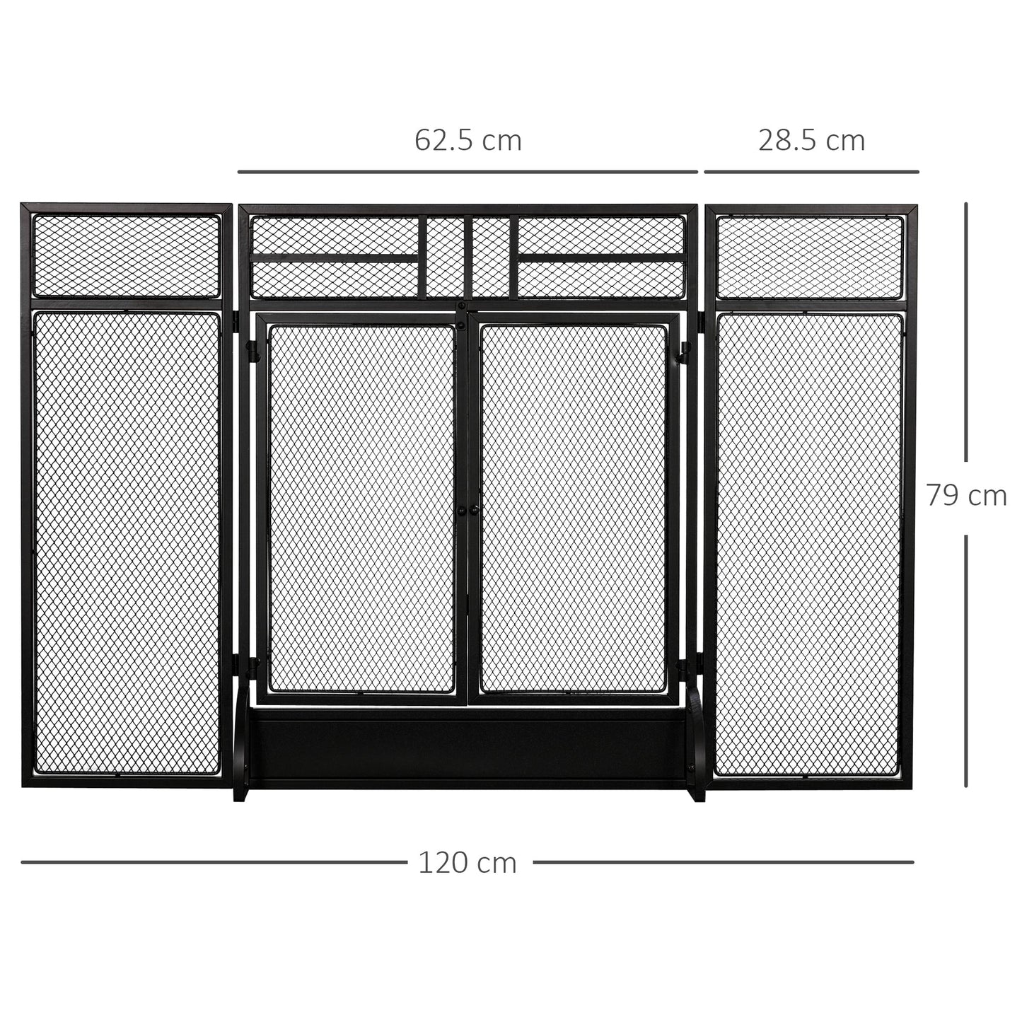 Ashfen Fender fireguard in matte black mesh steel with double opening doors; low-profile design shown with labelled dimensions for hearthside fit.