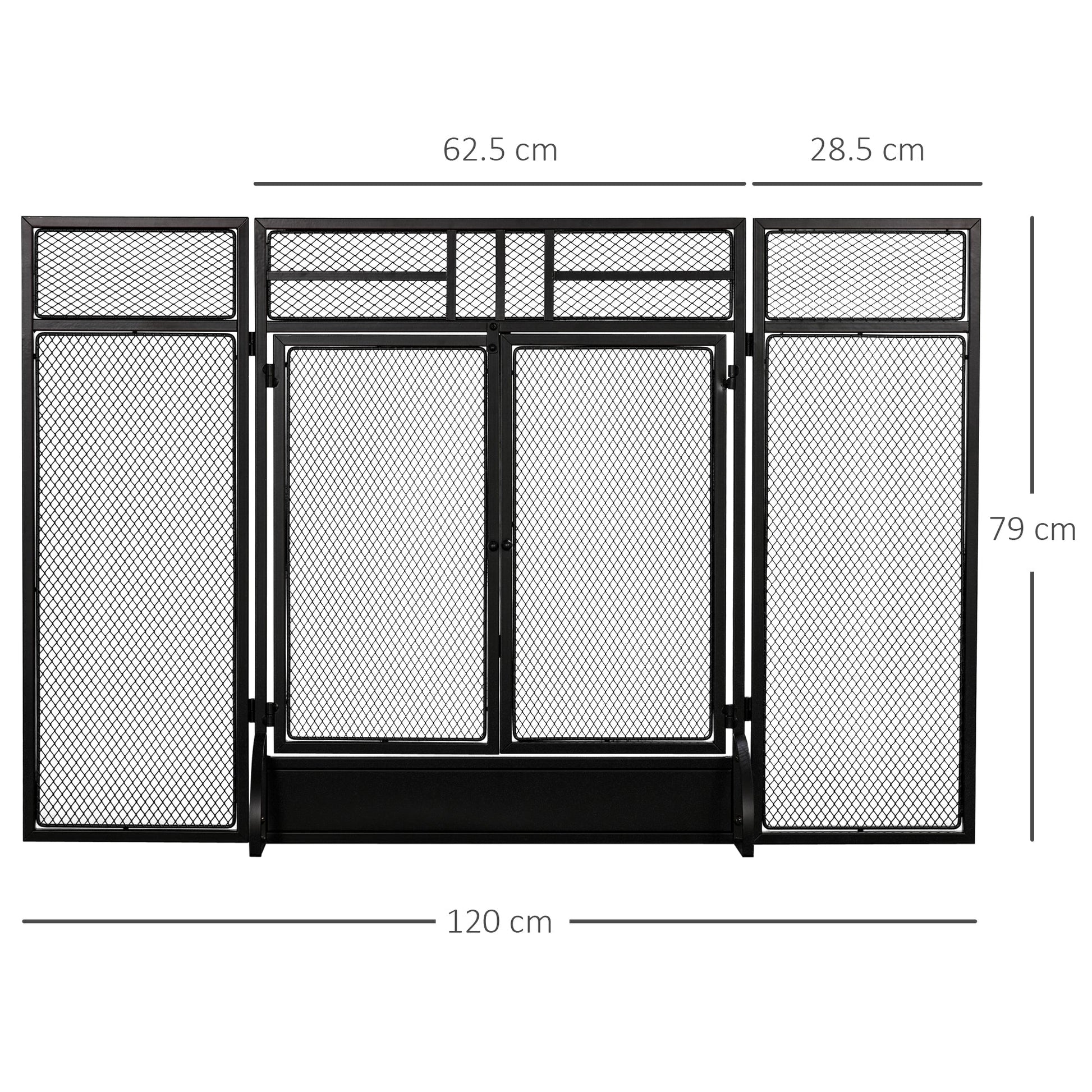 Ashfen Fender fireguard in matte black mesh steel with double opening doors; low-profile design shown with labelled dimensions for hearthside fit.