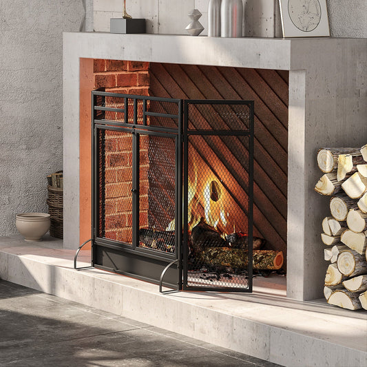 Ashfen Fender fireguard in matte black mesh steel with double opening doors; low-profile design for hearthside protection.