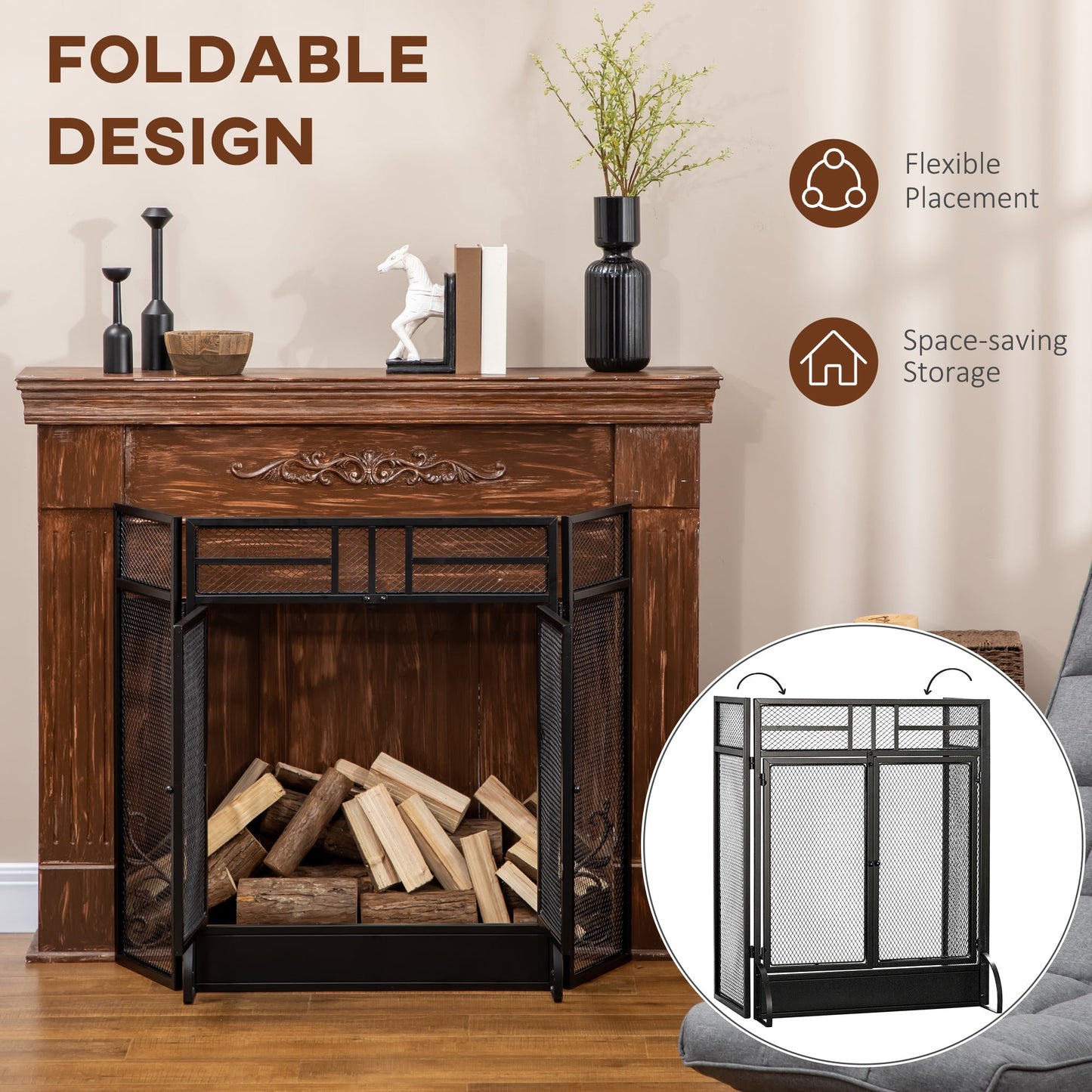 Ashfen Fender fireguard in matte black mesh steel with double opening doors; foldable three-panel design shown partially collapsed for compact storage.