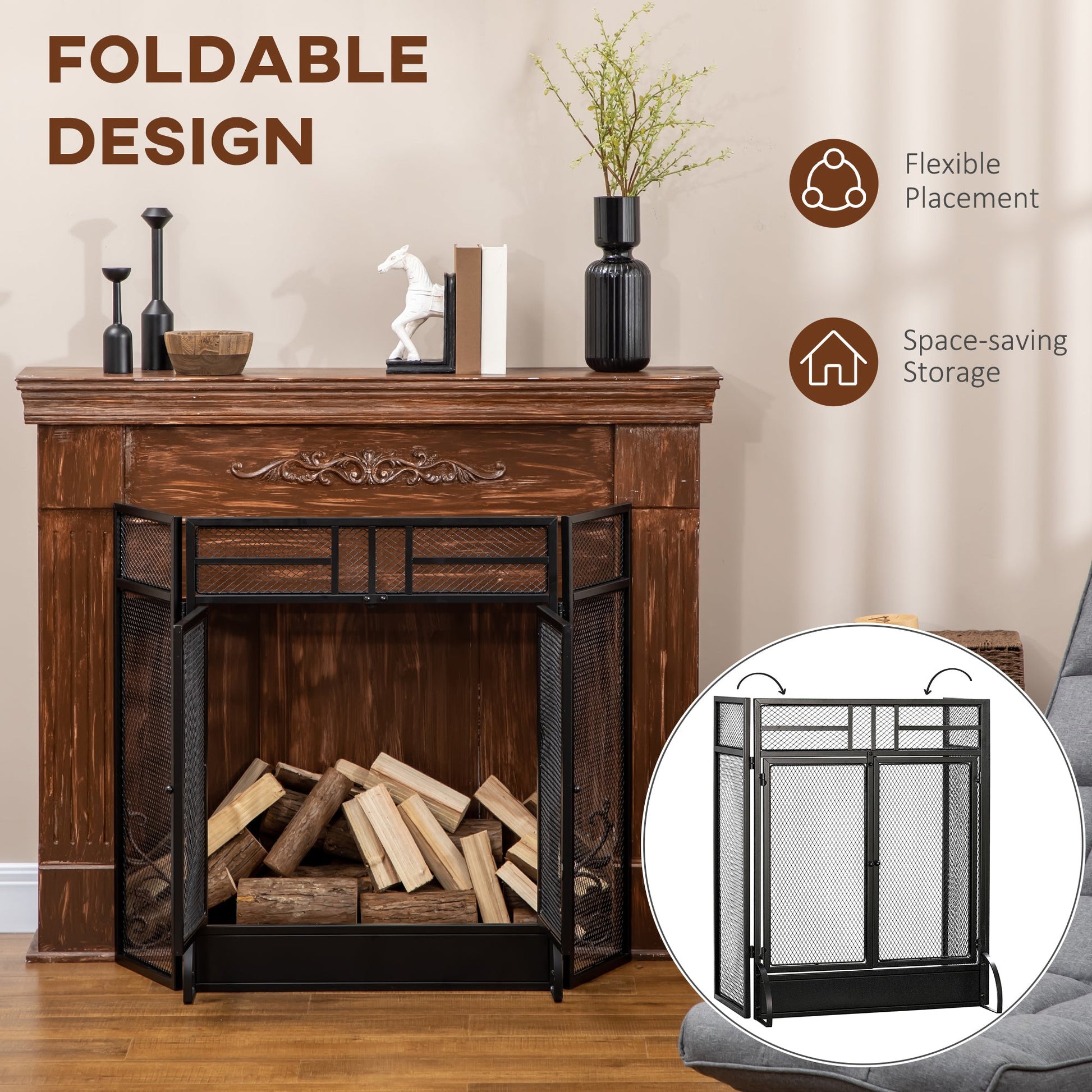 Ashfen Fender fireguard in matte black mesh steel with double opening doors; foldable three-panel design shown partially collapsed for compact storage.