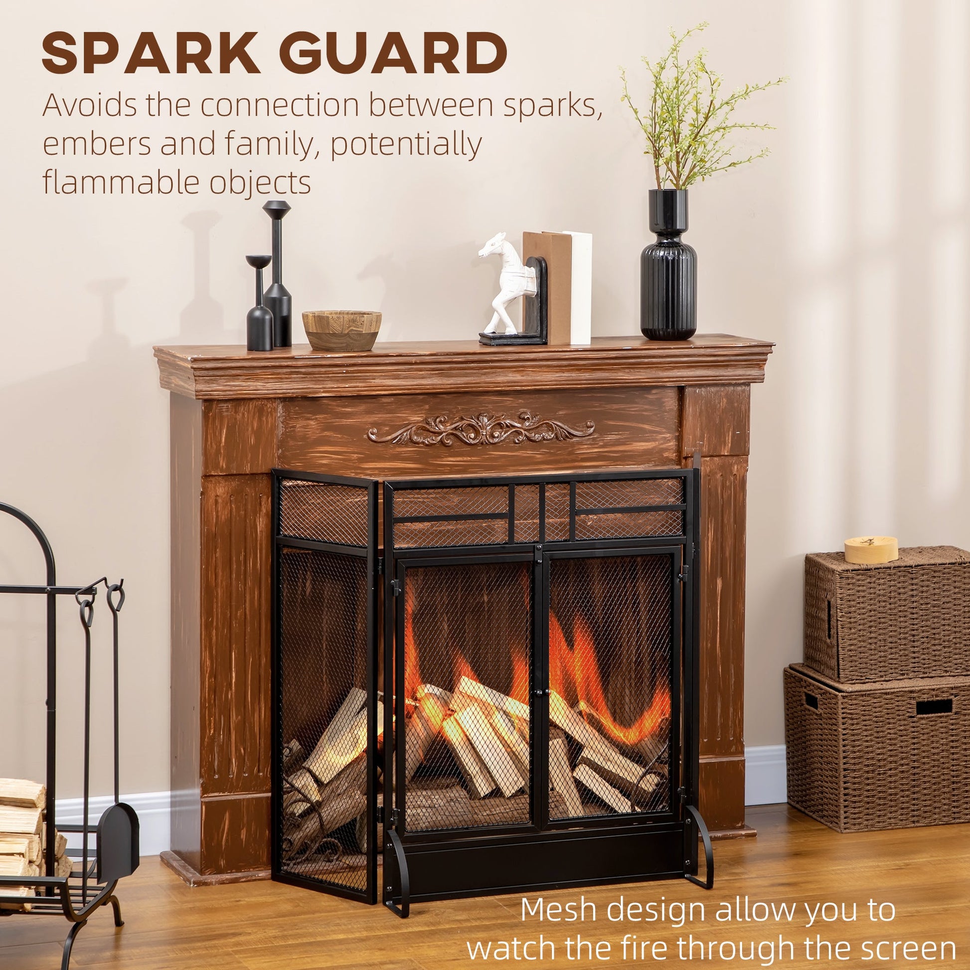 Ashfen Fender fireguard in matte black mesh steel with double opening doors; freestanding spark guard design for hearthside safety and countryside charm.
