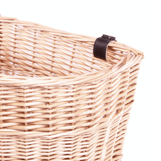 Close-up of The Beatrix Basket showing handwoven willow texture and curved rim – lightweight front-mounted bicycle carrier with heritage-inspired charm