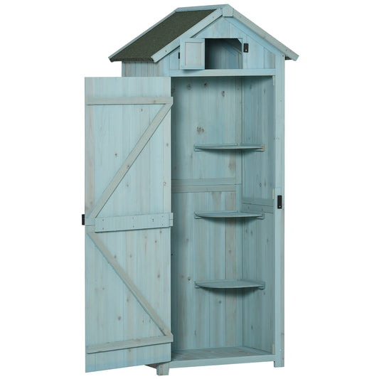 Blue garden cabinet with 3 shelves, fir wood, countryside style, raised base, ideal for outdoor storage and tool organisation.