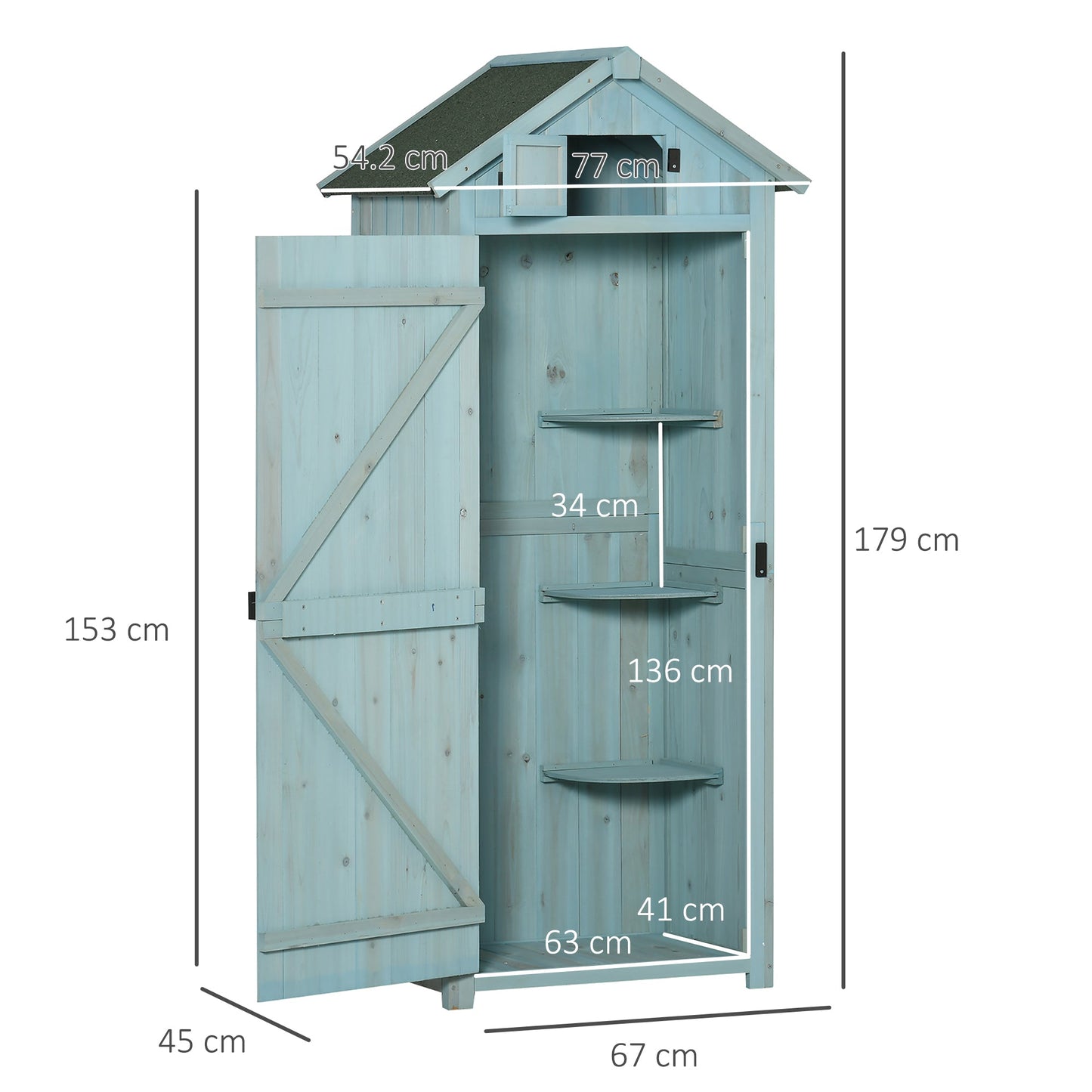 Blue fir wood garden cabinet with 3 shelves, raised base, shed-style storage for tools and outdoor rituals
