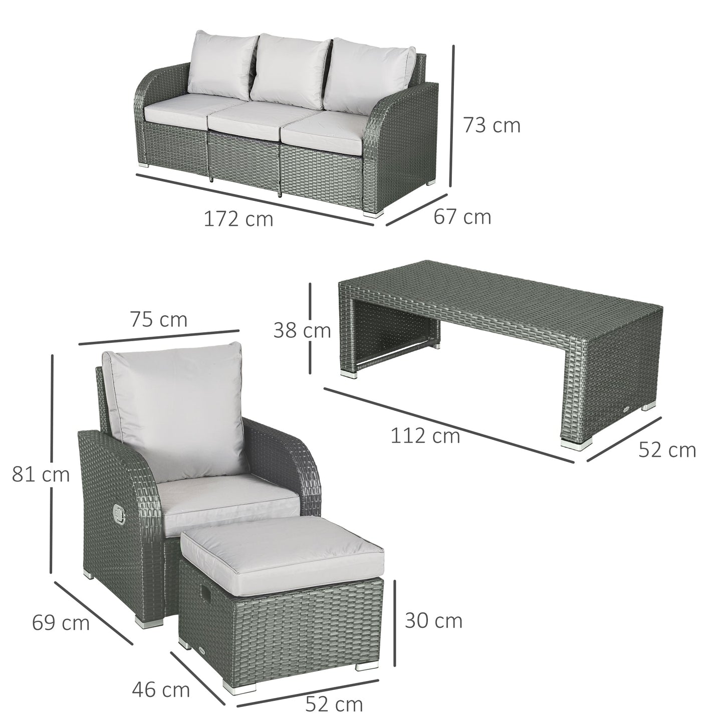 The Bramblefold Gathering – annotated diagram showing dimensions of 7-seater outdoor rattan furniture set in weathered grey, including sofa, chairs, table, and footstools