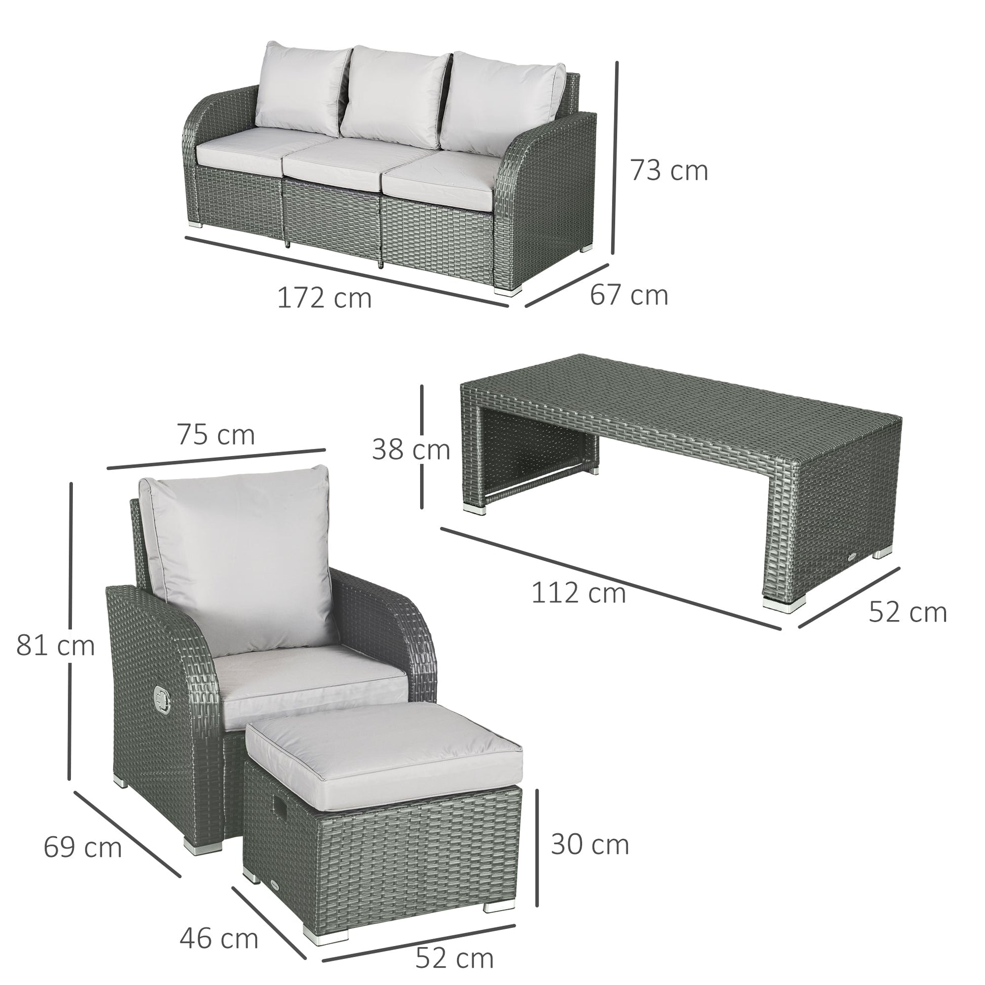 The Bramblefold Gathering – annotated diagram showing dimensions of 7-seater outdoor rattan furniture set in weathered grey, including sofa, chairs, table, and footstools