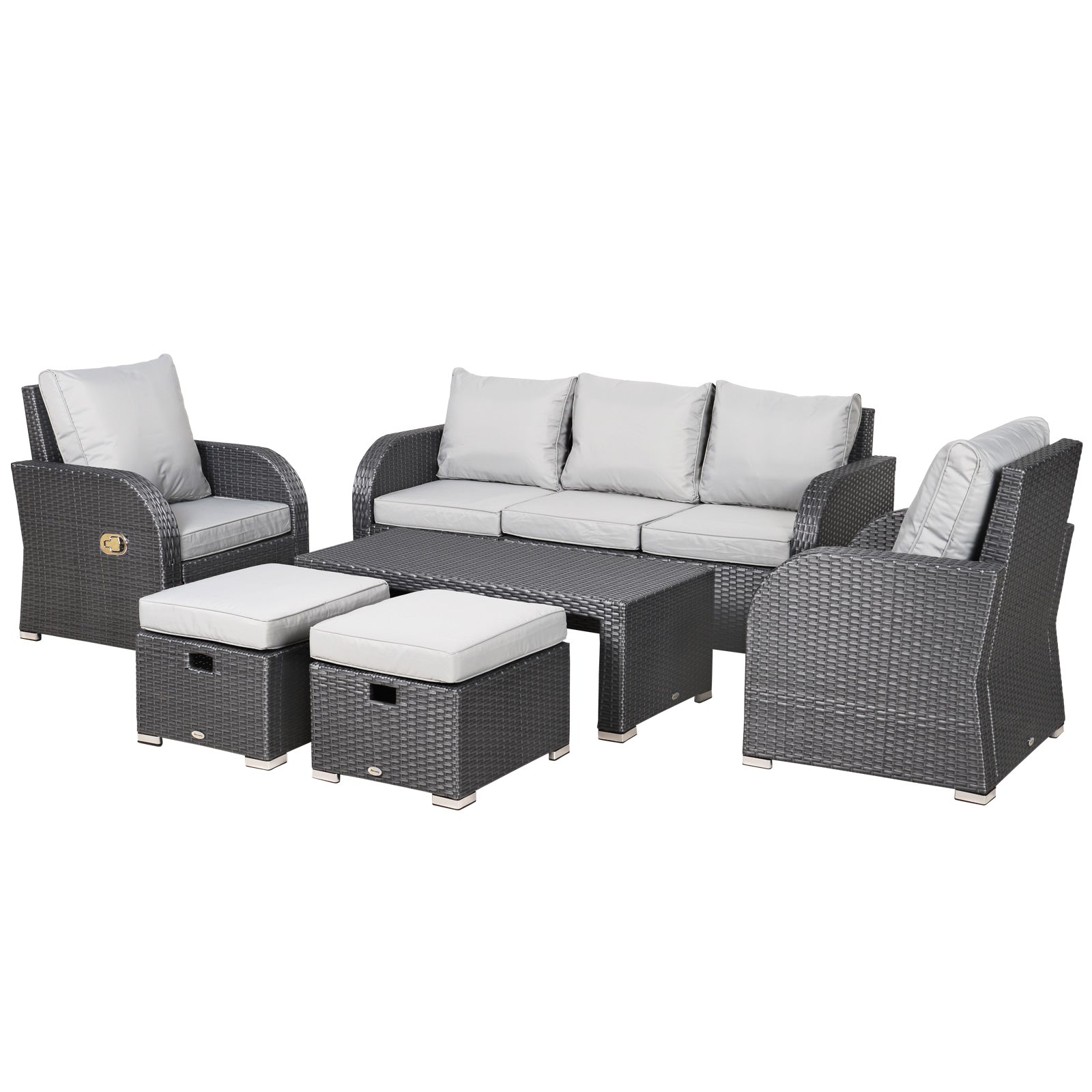 The Bramblefold Gathering – 7-seater outdoor rattan furniture set in weathered grey, featuring reclining chairs, footstools, and a matching table on a blank background
