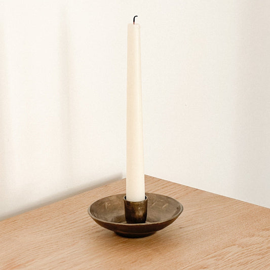 Brambourne candle holder in rustic iron with antique gold finish, low-profile design for mantel or table styling