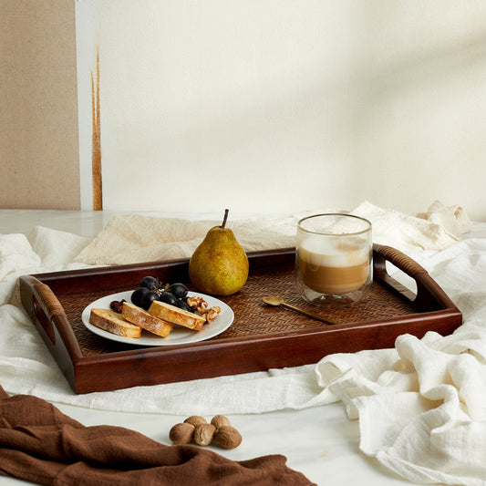 Branscombe Rattan Tray – natural rattan weave with acacia wood frame, styled for breakfast with linen napkins and morning light for soulful hosting