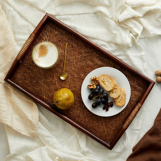 Branscombe Rattan Tray – natural rattan weave with acacia wood frame, styled on linen cloth for soulful hosting and countryside elegance