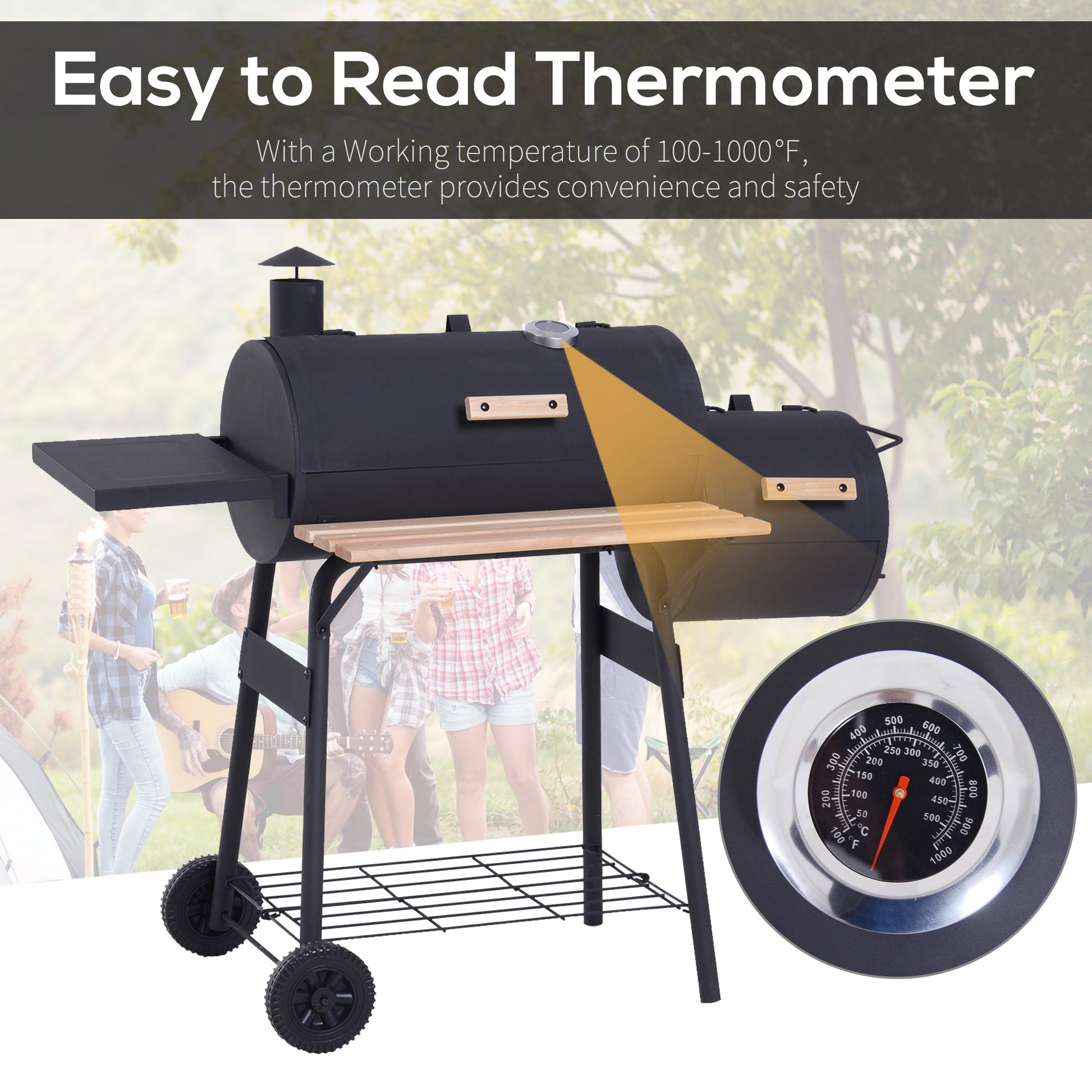 Charcoal Garden Grill with Smoker & Thermometer - The Timeless Trading Co.