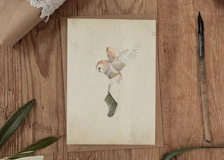 Cosy Owl – Christmas Card with Stocking in Flight - The Timeless Trading Co.