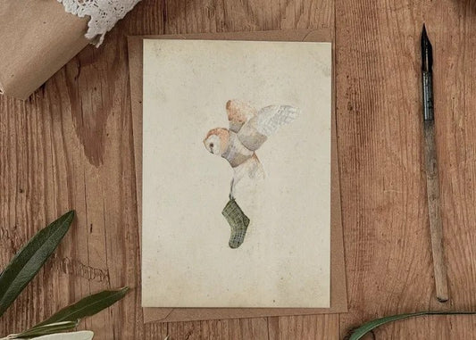 Cosy Owl – Christmas Card with Stocking in Flight - The Timeless Trading Co.