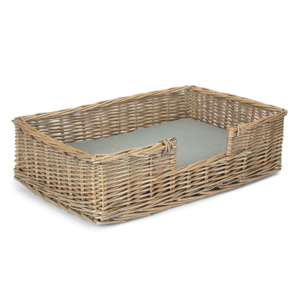 Full view of The Dookie Den wicker dog bed with antique wash finish and removable cushion – handwoven willow frame crafted for soulful comfort and timeless interiors