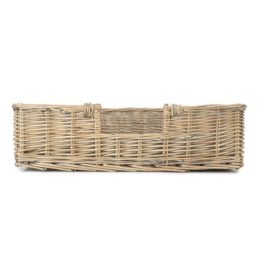 Side close-up of The Dookie Den showing antique wash willow weave and edge of removable cushion – handwoven dog bed with heritage-inspired texture and comfort