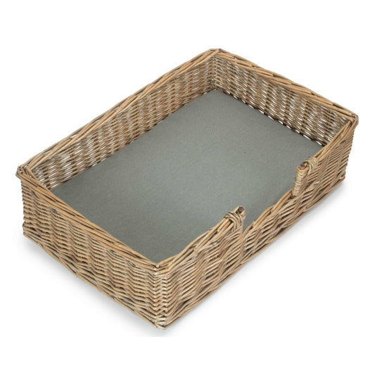 The Dookie Den wicker dog bed in antique wash finish with removable cushion – handwoven willow resting place for soulful companions and timeless interiors