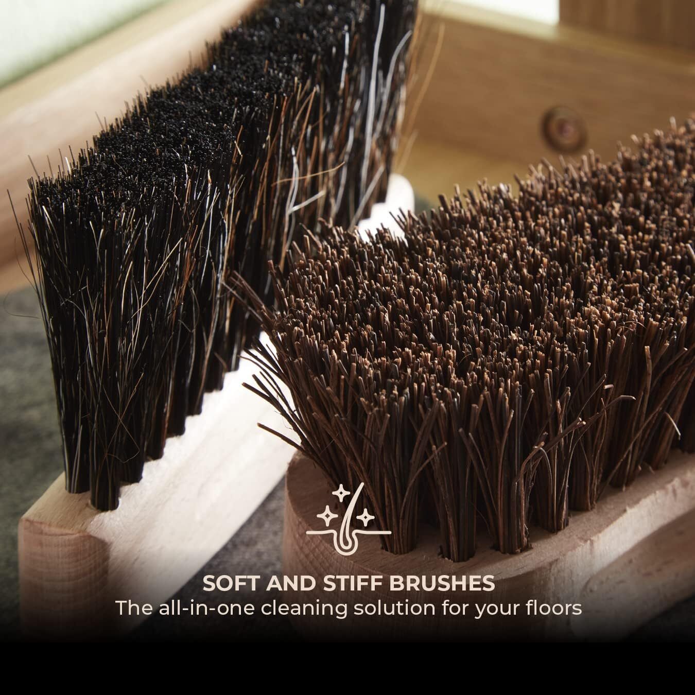 Two brushes, one soft and one stiff, with text indicating they are an all-in-one cleaning solution for floors.