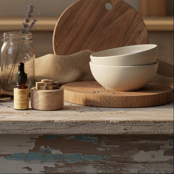 Elegant Wooden Fragrance Diffuser – Natural Calm displayed on a kitchen worktop with warm rustic styling