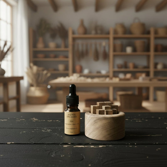 Elegant Wooden Fragrance Diffuser – Natural Calm on rustic black table in studio setting