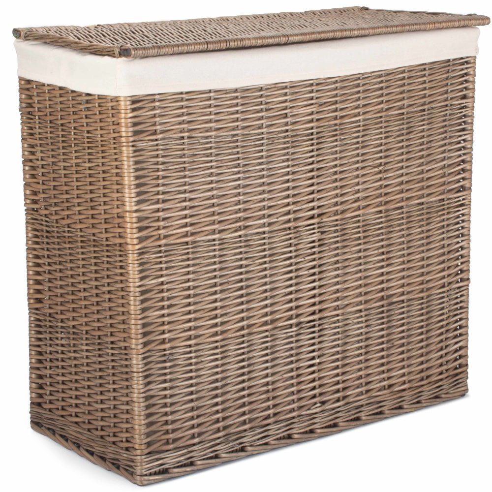 Front view of large rectangular wicker laundry basket in rust beige, showing handwoven texture and elegant silhouette from The Elmsmere collection