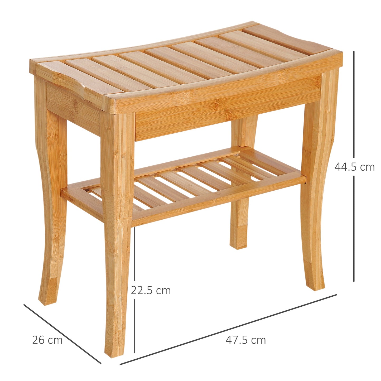 View of Elstead Bath Bench showing dimensions with natural bamboo slatted seat and lower shelf for storage