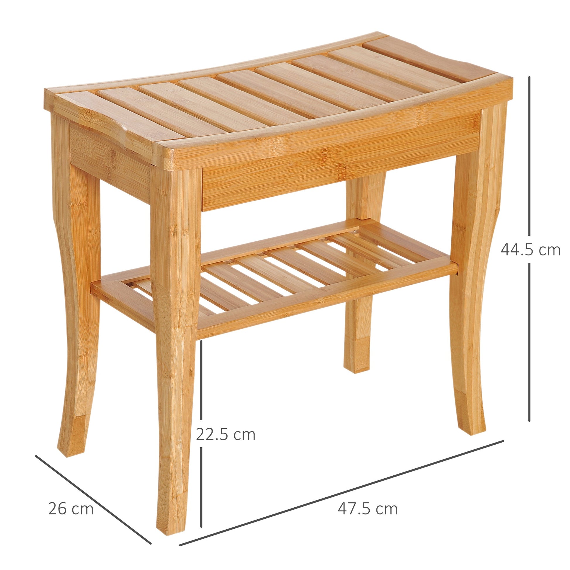 View of Elstead Bath Bench showing dimensions with natural bamboo slatted seat and lower shelf for storage