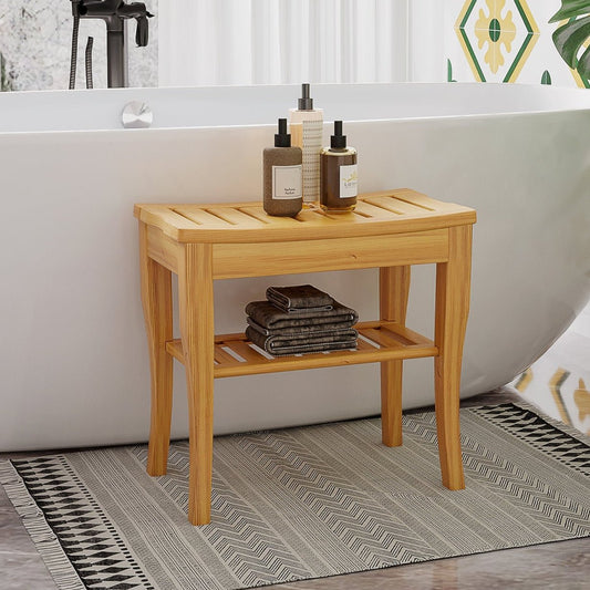 Front view of natural bamboo bath bench with slatted seat and lower shelf, part of The Elstead Collection, approx. 48cm wide × 28cm deep × 45cm high