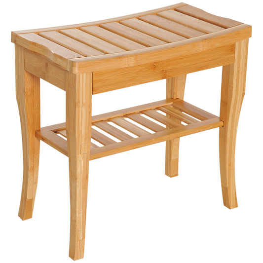 Side view of natural bamboo bath bench with slatted seat and lower shelf, part of The Elstead Collection, approx. 48cm wide × 28cm deep × 45cm high