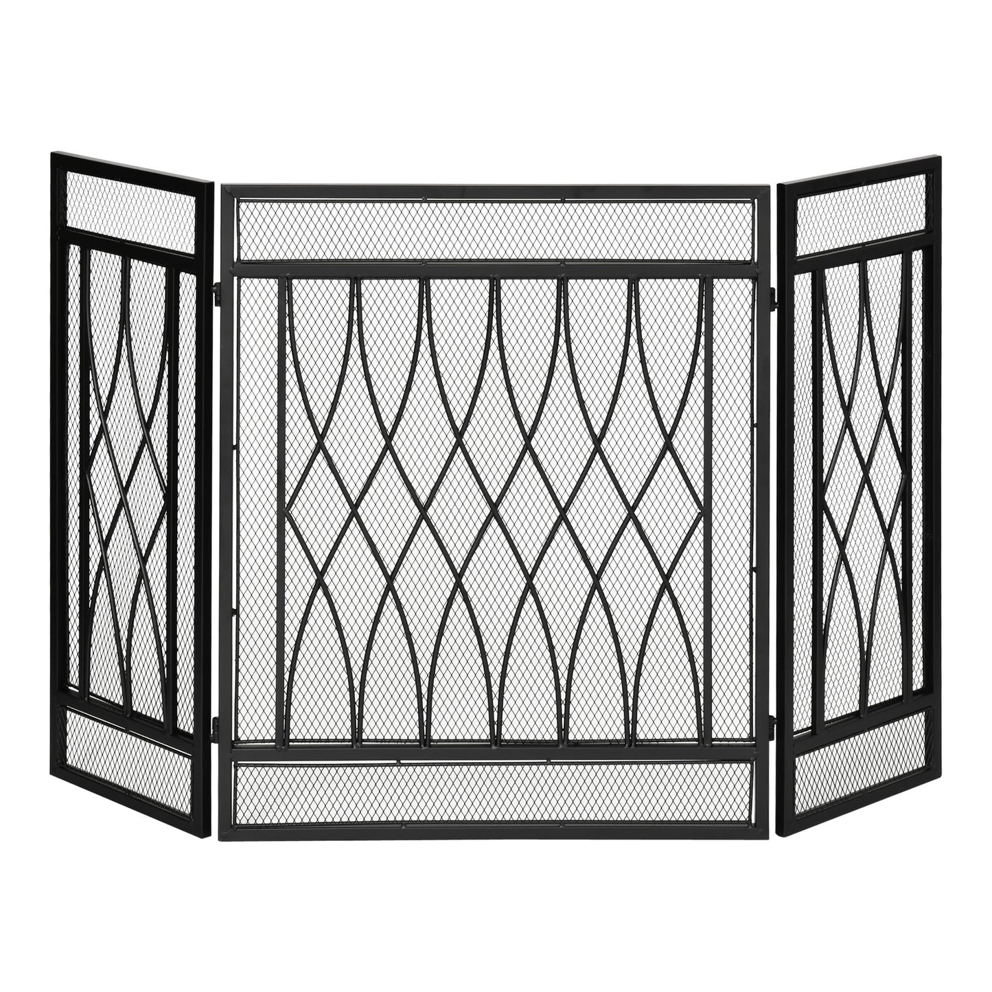 Emberfold 3-panel fireplace screen in matte black metal with curved mesh design, shown on blank background for clear view of structure and finish